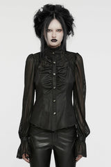 Black Stand Collar Stitching Mesh Women's Punk Blouse - Black - 1