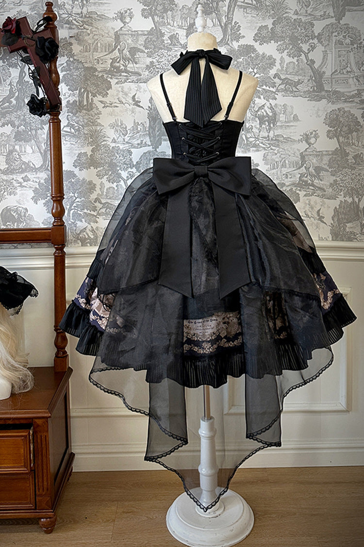 Black [The Mystery of The Doll] Halterneck Print Ruffle Bowknot Drawstring Gothic Lolita Dress - Product - 15