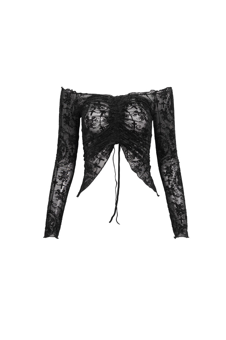 Black Flocked Chest Ruched Adjustable Off-Shoulder Women's Punk T-Shirt - Product - 7