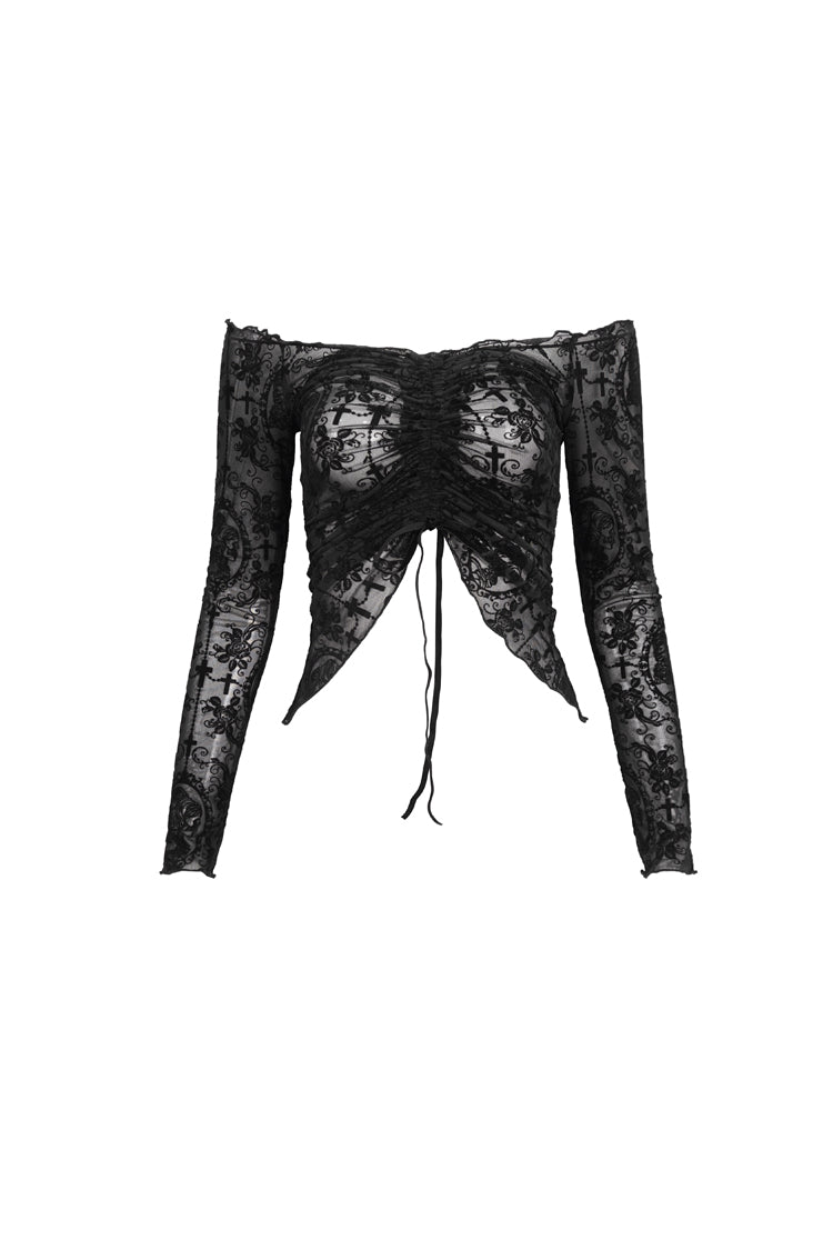 Black Flocked Chest Ruched Adjustable Off-Shoulder Women's Punk T-Shirt - Product - 7