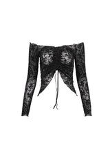 Black Flocked Chest Ruched Adjustable Off-Shoulder Women's Punk T-Shirt - Product - 7