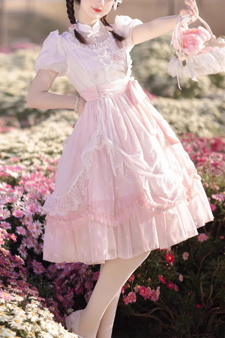 Pink Round Collar Short Sleeves Lace Ruffle Bowknot Sweet Princess Lolita Dress - Pink - 1