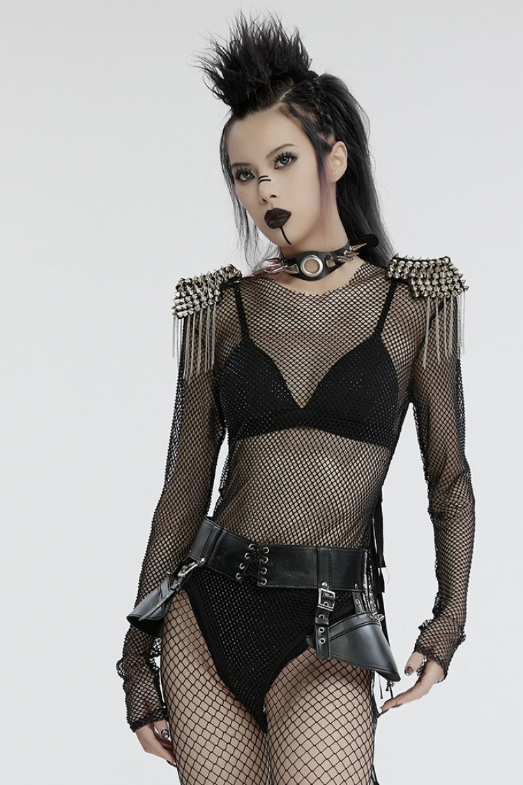 Black Long Sleeves Mesh Studded Tassel Women's Punk Bodysuit - Product - 3