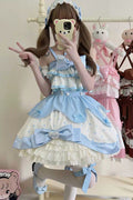 Blau-cremefarbener, mehrschichtiger Polka-Dots-Druck, Rüschen, Schleife, süß (Kleid einzeln), Vorderansicht