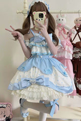 Blue Cream Multi-Layered Polka Dots Print Ruffle Bowknot Sweet Lolita Jsk Dress - Blue - 1