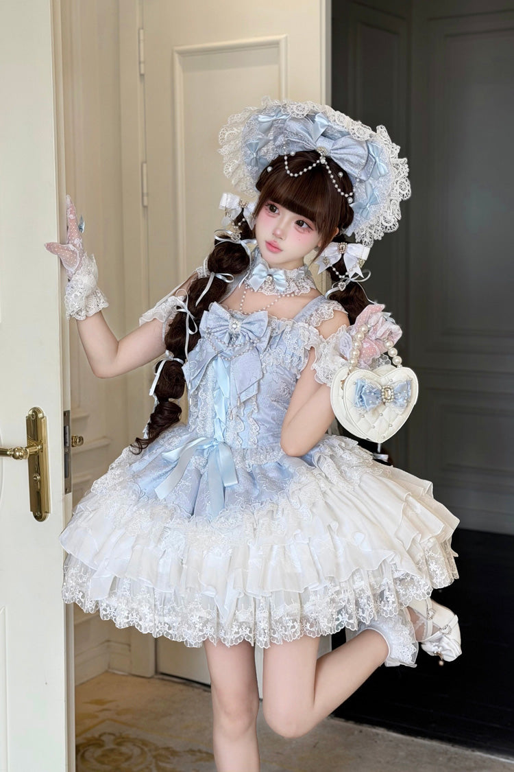 Blue [Pearl Ballet] Square Collar Sleeveless Multi-Layered Ruffled Bow Lace-Up Pearl-Decorated Sweet Ballet Lolita Jsk Dress - Product - 3