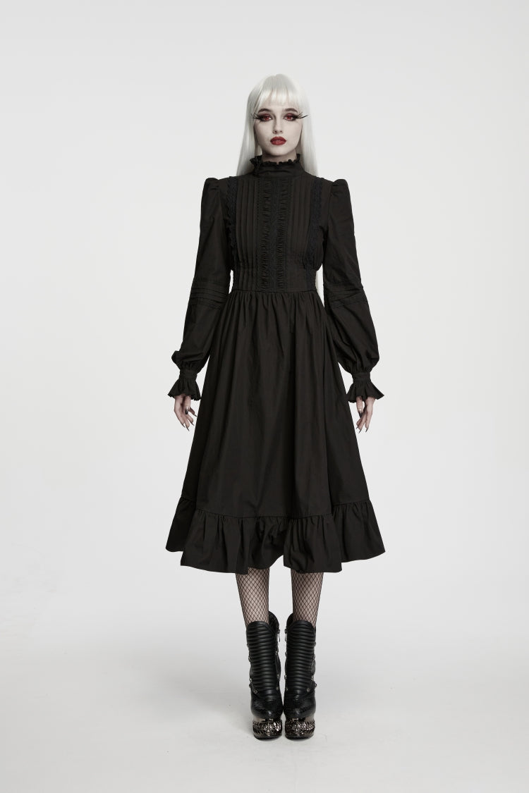 Black Stand Collar Long Trumpet Sleeves Pleated Women's Gothic Royal Dress - Black - 1