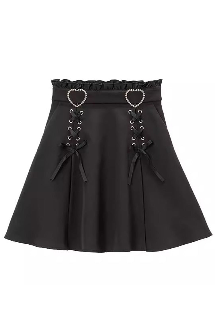 Heart Shape Decoration Bowknot Sweet Jirai Kei Skirt 2 Colors - Black - 1