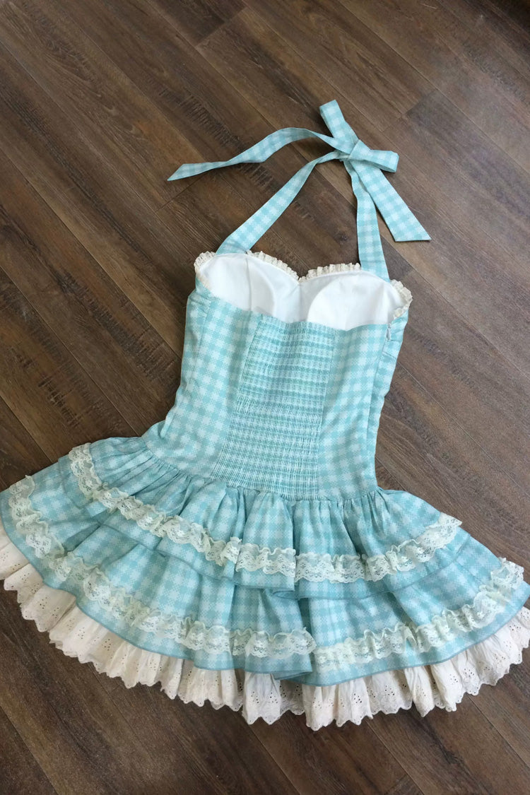 [Summer Mint] Halterneck Sleeveless Double-Layered Printed Ruffled Bow Lace Sweet Lolita Jsk Dress 5 Colors (Blue, Pink, Red, Black, White) - Product - 4