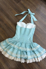 [Summer Mint] Halterneck Sleeveless Double-Layered Printed Ruffled Bow Lace Sweet Lolita Jsk Dress 5 Colors (Blue, Pink, Red, Black, White) - Product - 4