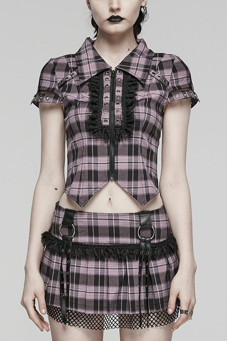 Women's Short Sleeves Plaid Print Hollow Lace Steampunk Blouse 2 Colors - Black/Pink - 5