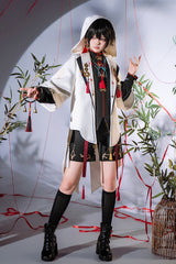 Black/White [Mountain Spirit] Long Sleeves Embroidered Hooded Classic Chinese Inspired Ouji Lolita Shorts Set - Product - 6