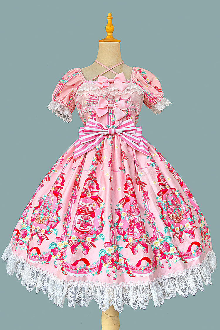 [Strawberry Chef] Short Sleeves Print Bowknot Lace Sweet Lolita Dress 4 Colors - Pink - 1