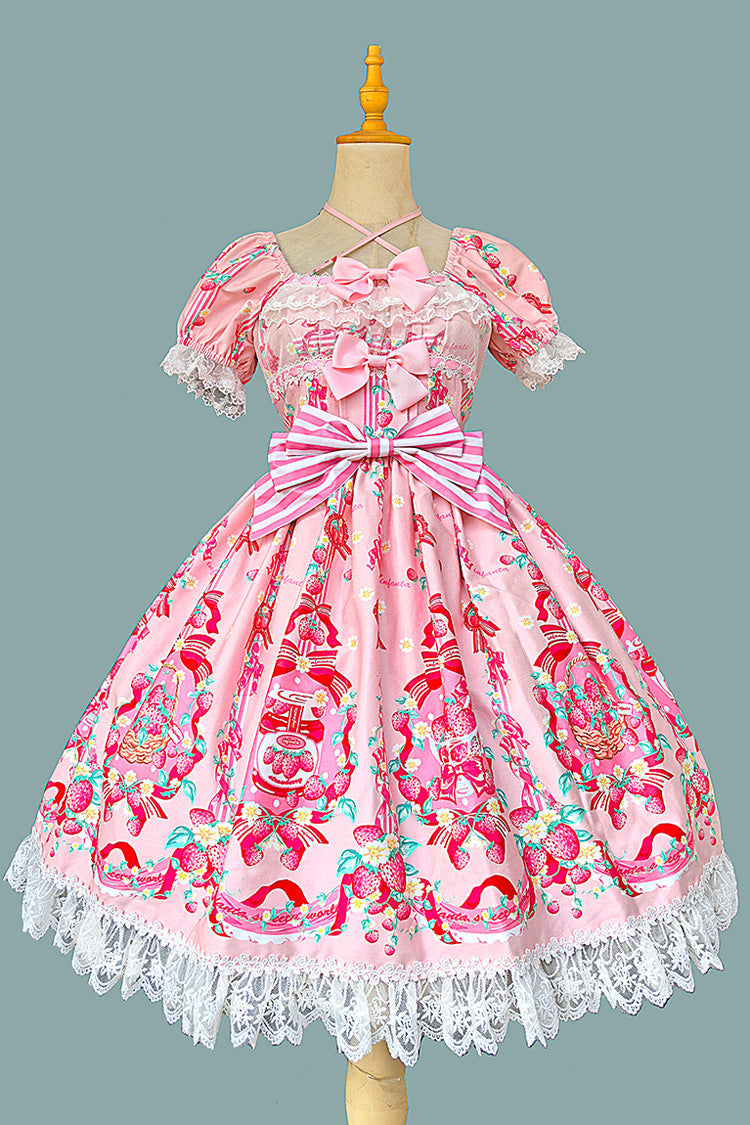 [Strawberry Chef] Short Sleeves Print Bowknot Lace Sweet Lolita Dress 4 Colors - Pink - 1