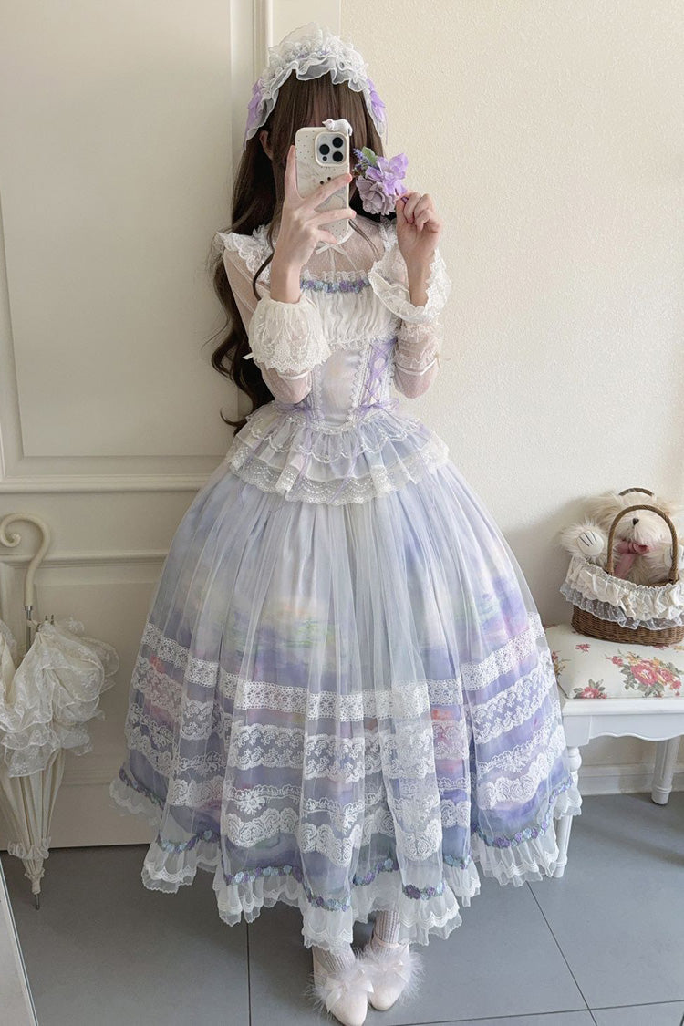 Light Purple [Mist-shrouded Vineyard] Sleeveless Ruffle Bowknot Lace-Up Sweet Lolita Jsk Skirt Dress Set - Product - 4
