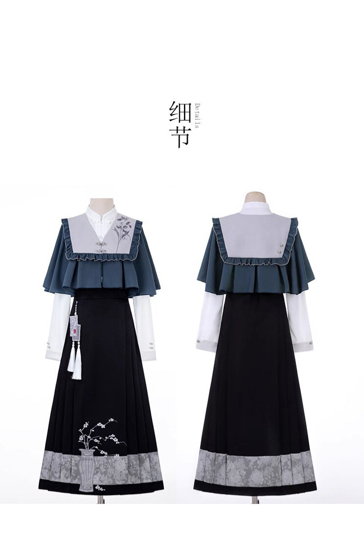 Black/Blue Round Collar Long Sleeves Print Slim Women's Classic Hanfu Dress Three-piece Set - Product - 6