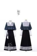 Black/Blue Round Collar Long Sleeves Print Slim Women's Classic Hanfu Dress Three-piece Set - Product - 6