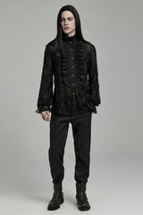 Black Stand Collar Lantern Sleeves Print Ruffle Lace Men's Gothic Blouse - Product - 4