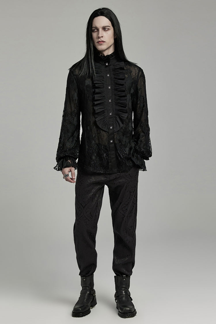 Black Stand Collar Lantern Sleeves Print Ruffle Lace Men's Gothic Blouse - Product - 4