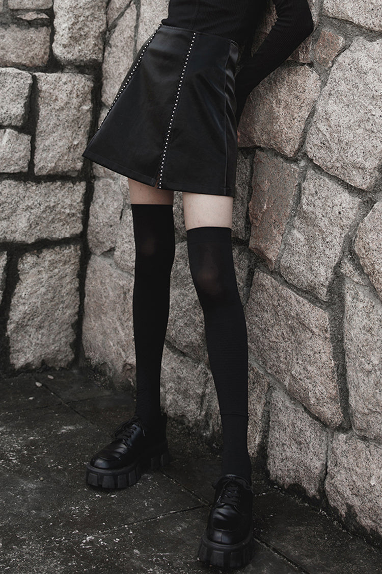 Black Rivet Lace A Version Slit Leather Women's Punk Skirt - Product - 2