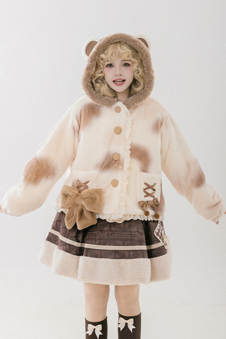 Ivory [Mocha Bear] Print Bowknot Hooded Sweet Lolita Coat - Product - 4