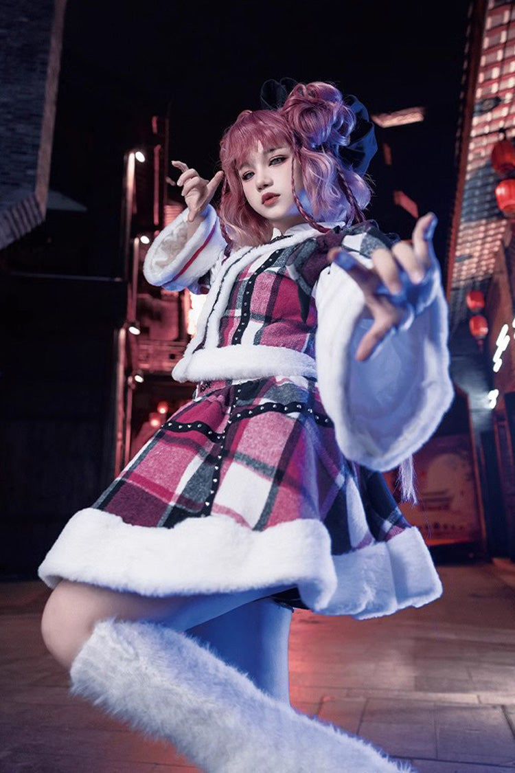 Multi-Color Plaid Print Bowknot Autumn Winter Sweet Chinese Style Lolita Skirt Set - Product - 3