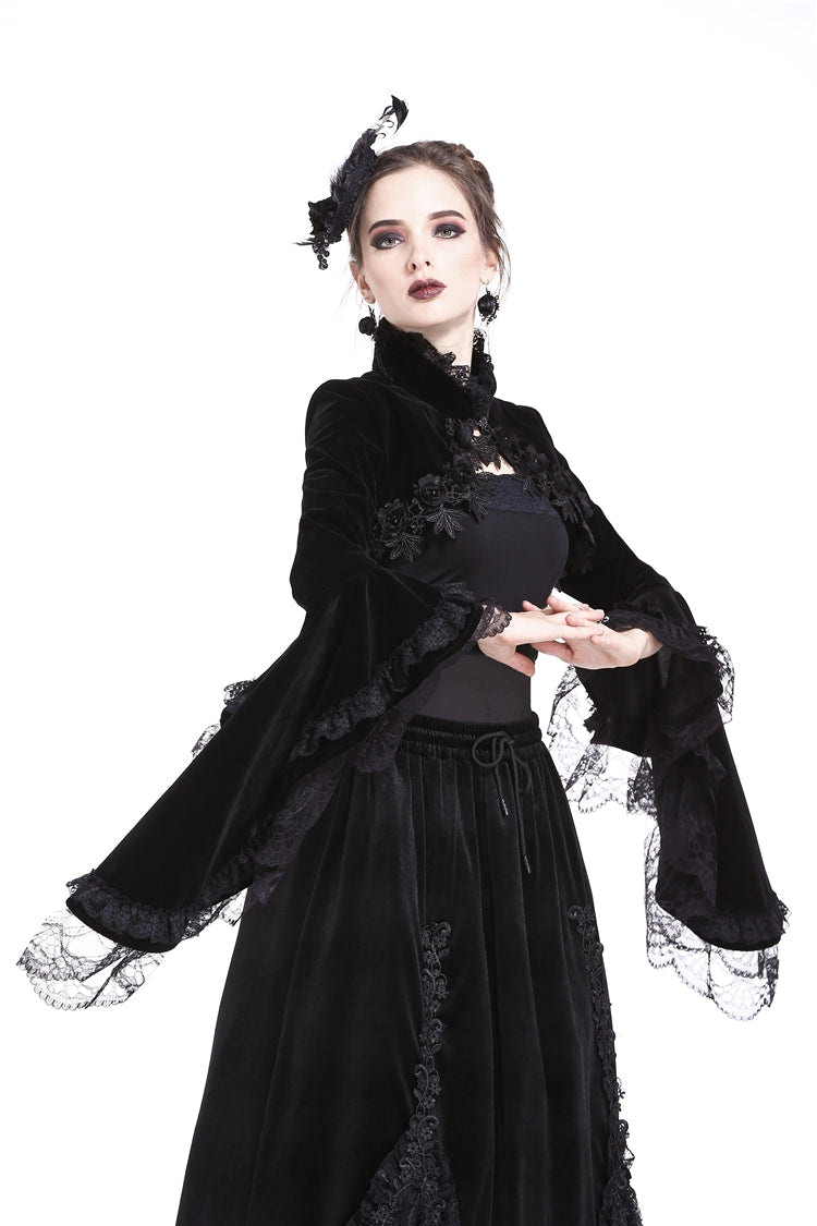 Black Lace Stand Collar Multi-Layered Long Trumpet Sleeves Rosette Velour Women's Gothic Bolero - Product - 6