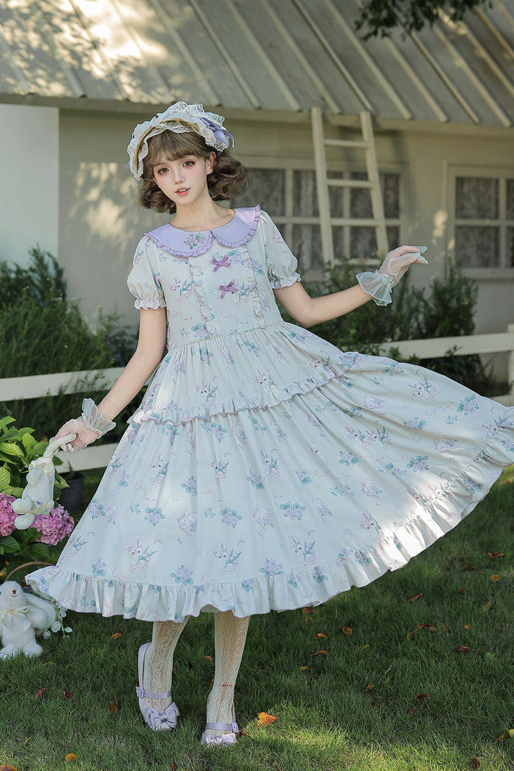 [Breezy Summer Blossoms] Peter Pan Collar Short Sleeves Jacquard Printed Ruffled Embroidered Bow Sweet Lolita Dress 2 Colors (Yellow, Purple) - Product - 21