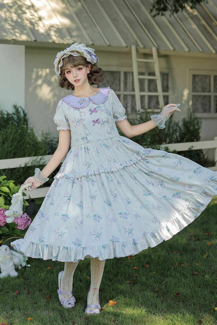 [Breezy Summer Blossoms] Peter Pan Collar Short Sleeves Jacquard Printed Ruffled Embroidered Bow Sweet Lolita Dress 2 Colors (Yellow, Purple) - Product - 21