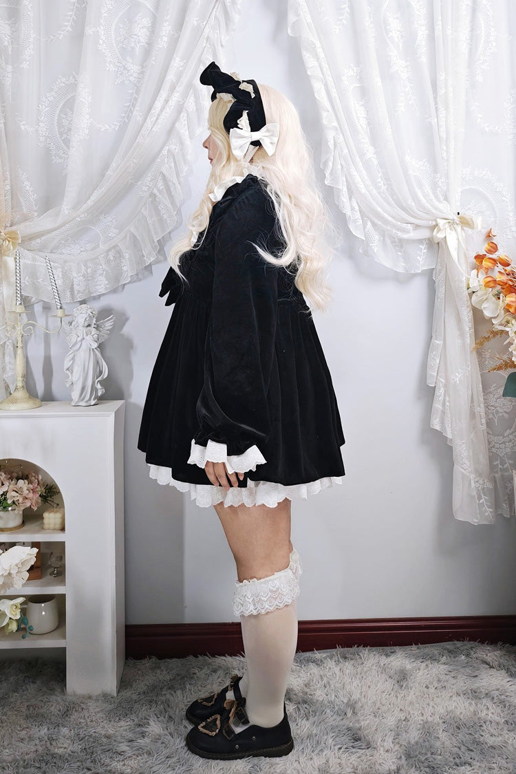 Black [Antique Velvet Doll] Stand Collar Long Sleeves Ruffled Bow Gothic Plus Size Lolita Dress - Product - 7