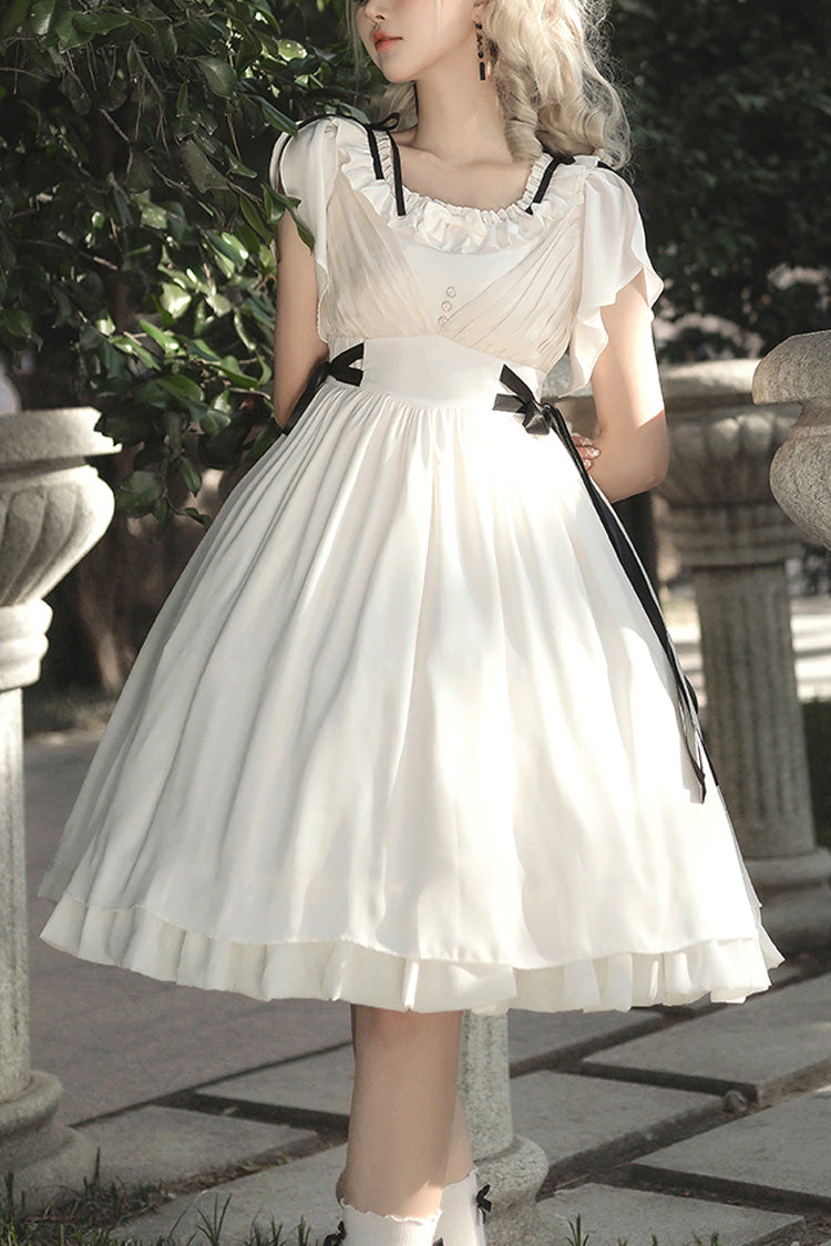 White Moonlight March Chiffon Short Sleeves Ruffle Sweet Lolita Dress - White - 1