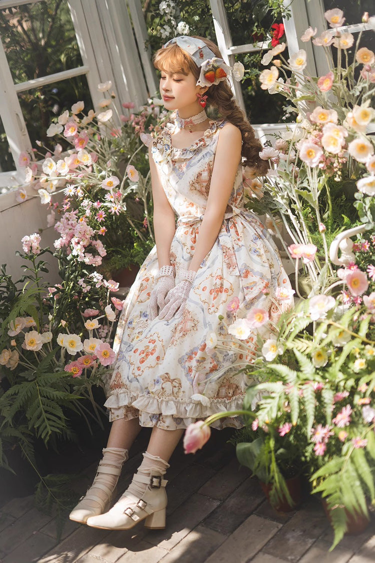 Cat Rose Tea Sleeveless Print Ruffle Bowknot Sweet Lolita Jumper Dress Version2 3 Colors - Product - 7