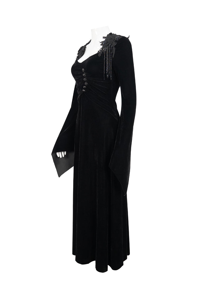 Black Embroidered Fringe Flared Sleeve Women's Gothic Dress - Product - 7