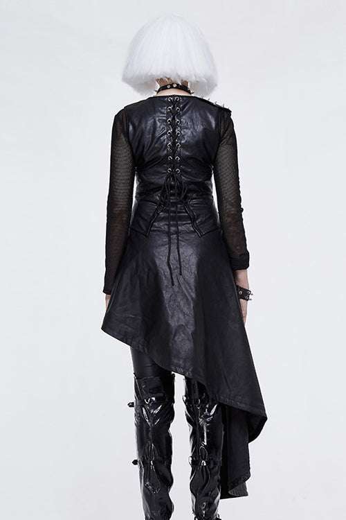 Black Zipper Up Asymmetric Sleeveless Womens Punk Rock Mid Length Leather Dress - Product - 5