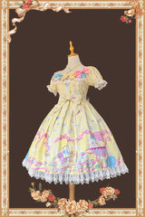 Yellow [Macarons Dolly House] Square Collar Short Lantern Sleeves Printed Bow Sweet Lolita Dress - Product - 2