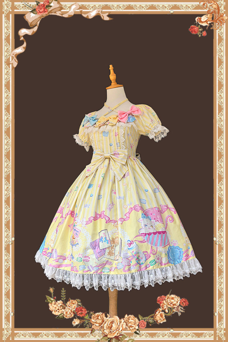 Yellow [Macarons Dolly House] Square Collar Short Lantern Sleeves Printed Bow Sweet Lolita Dress - Product - 2