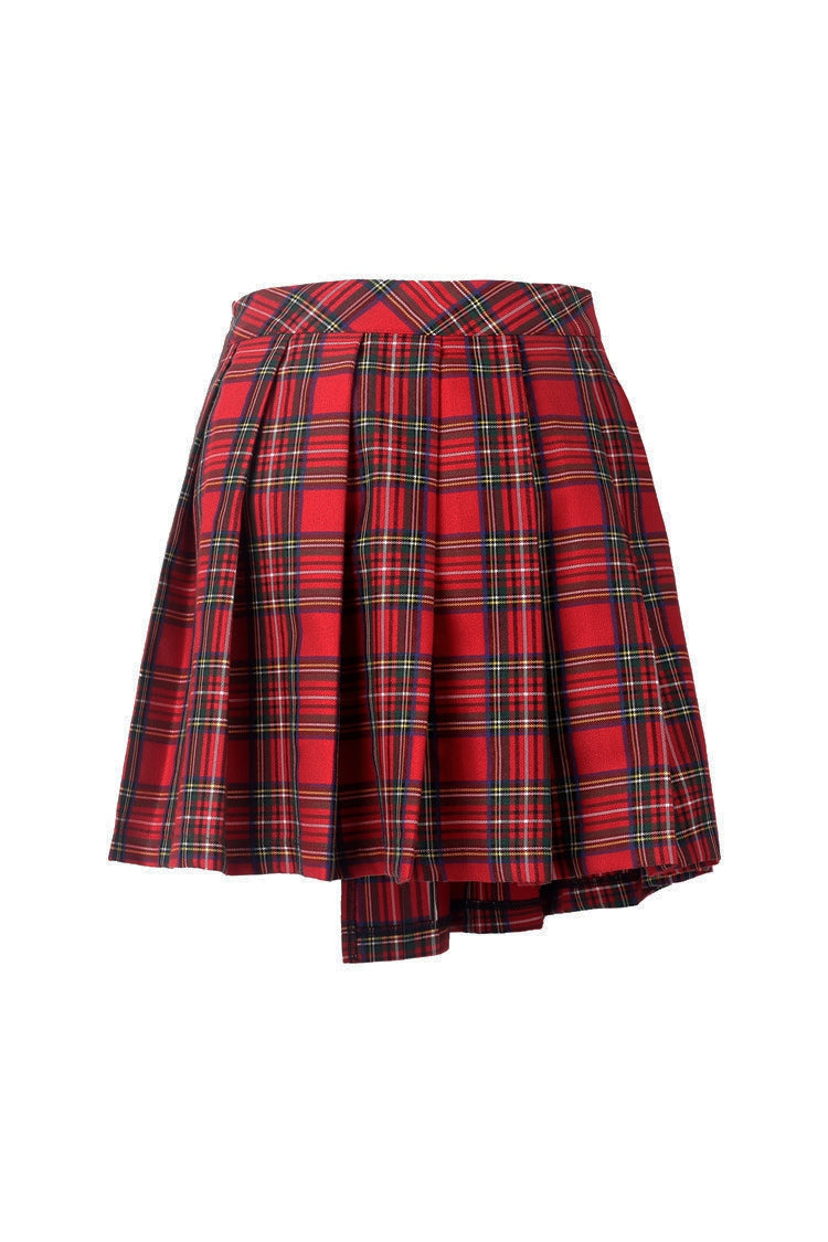 Red Irregular Plaid Pleated Women's Punk Hem Skirt - Product - 13