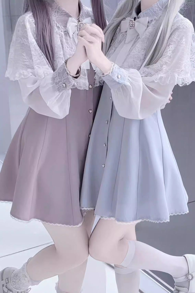 Aqua Shawl Lace Chiffon Long Sleeves Lace Slim Jirai Kei Dress - Product - 5