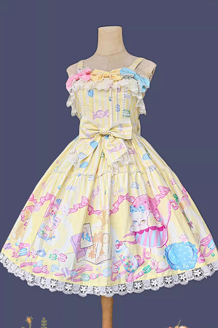 Yellow [Macaron Dolly House] Sleeveless Print Bowknot Sweet Lolita Jsk Dress - Product - 3