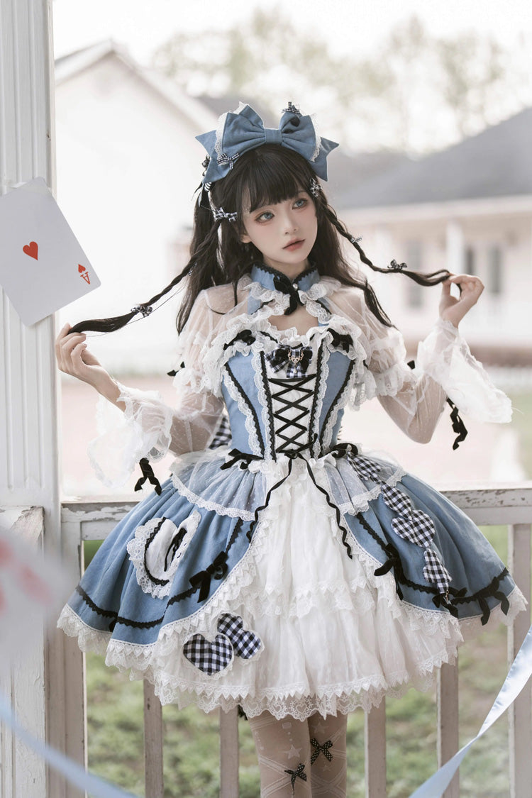Blue Ruffle Bowknot Lace Sweet Chinese Style Elegant Princess Lolita Skirt (Includes Tops) - Blue - 1
