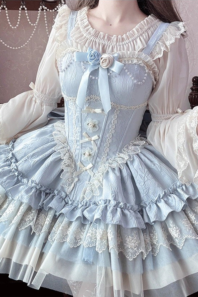 Blue [Fleeting Light and Shallow Dream] Sleeveless Multi-Layered Ruffle Bowknot Lace Slim Sweet Ballet Lolita Jsk Dress - Product - 3