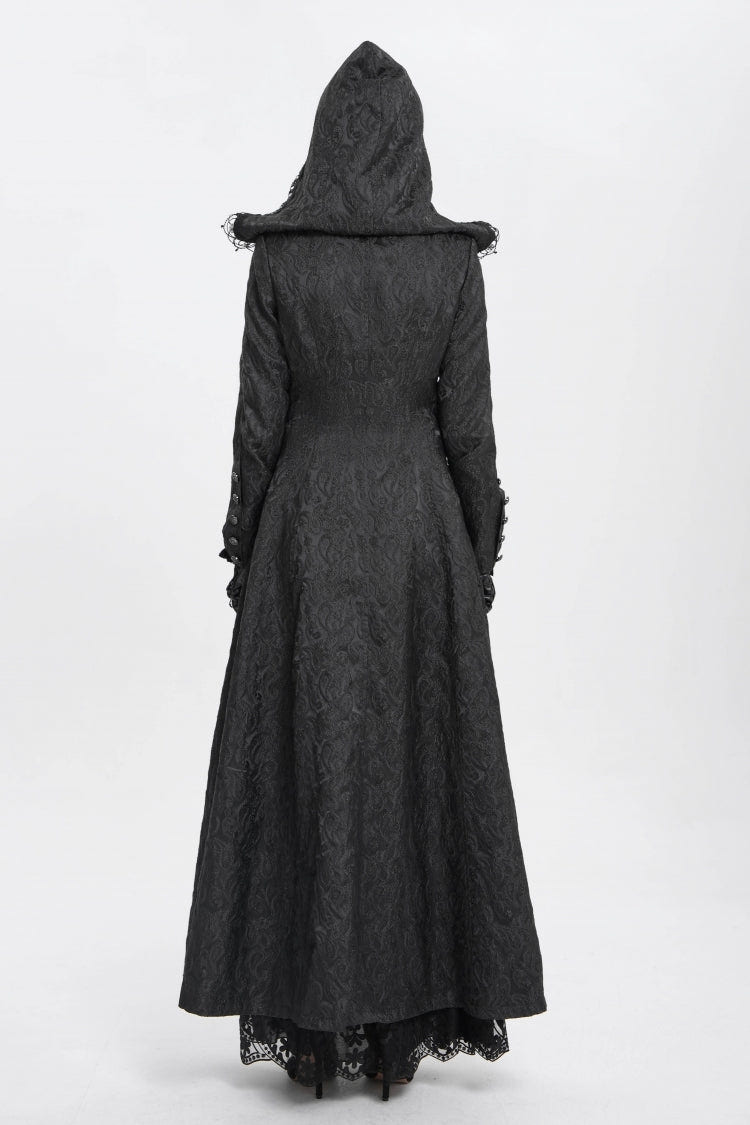 Black Stand Collar Long Sleeves Ruffle Hooded Women's Gothic Long Coat - Product - 11