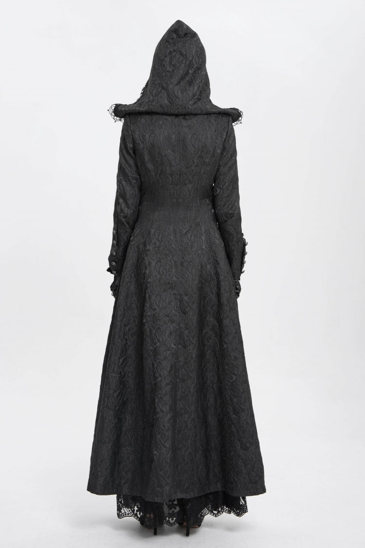 Black Stand Collar Long Sleeves Ruffle Hooded Women's Gothic Long Coat - Product - 11