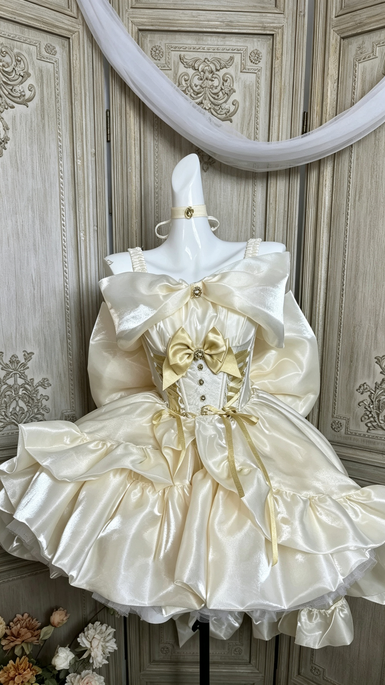 Corsetto beige champagne a strati con volant alto-basso fiocco grande dolce principessa (set) vista dettagliata 6