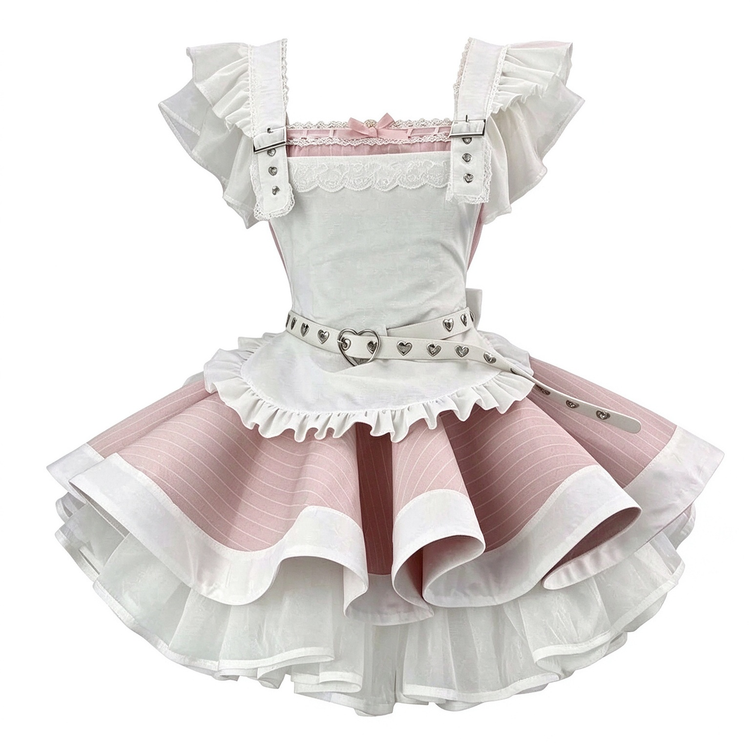 Black and White Striped Ruffled Lolita Dress with Belt Accent 商品画像