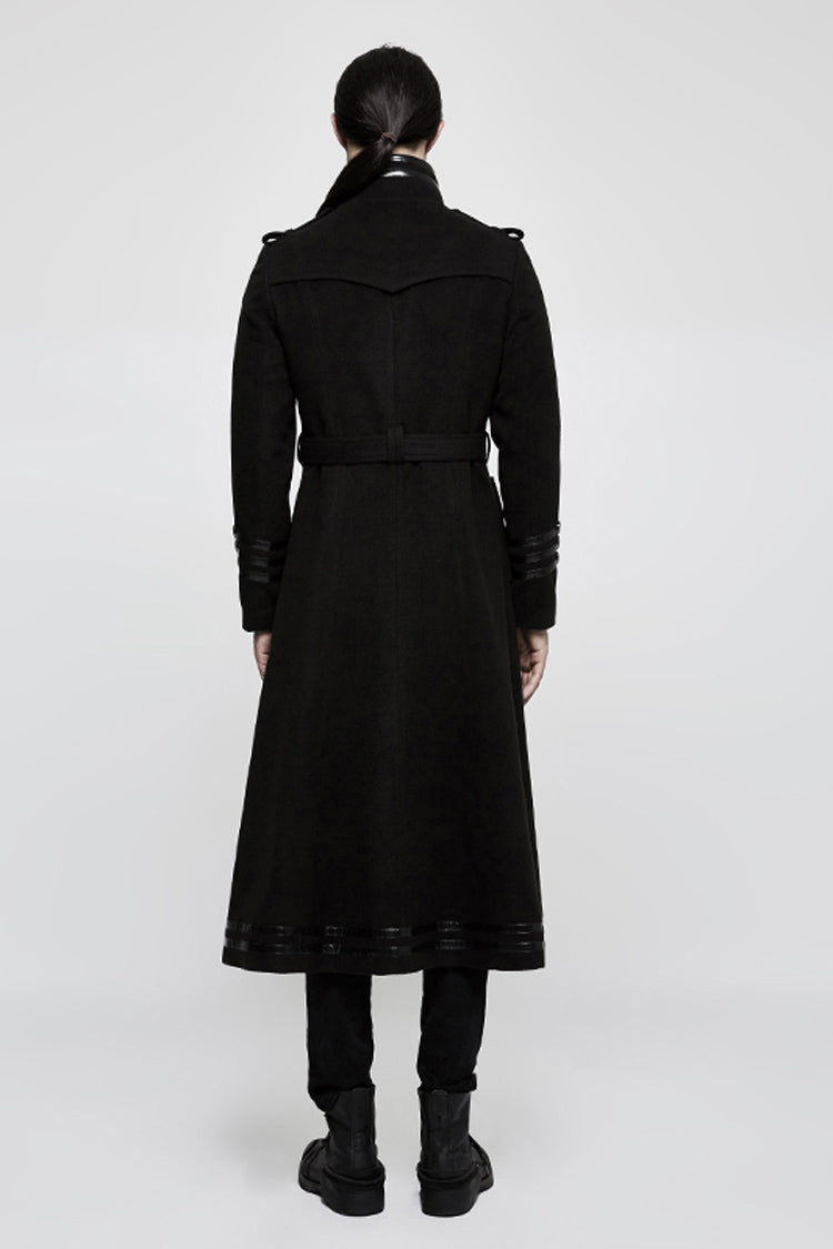 Black Military Uniform Double Breasted Men's Long Gothic Coat With Belt - Product - 3