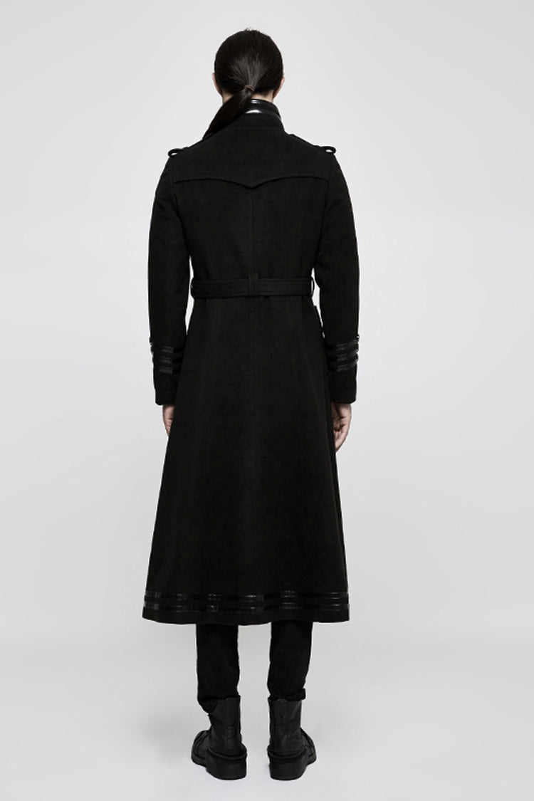 Black Military Uniform Double Breasted Men's Long Gothic Coat With Belt - Product - 3
