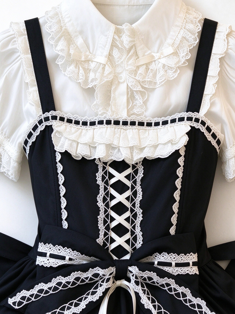 Black White Lace Tiered Lolita Jumper Dress with Blouse - view 2