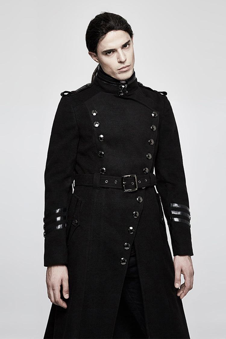 Black Military Uniform Double Breasted Men's Long Gothic Coat With Belt - Product - 2