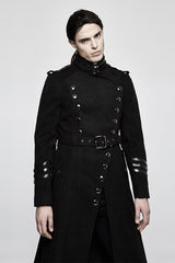 Black Military Uniform Double Breasted Men's Long Gothic Coat With Belt - Product - 2